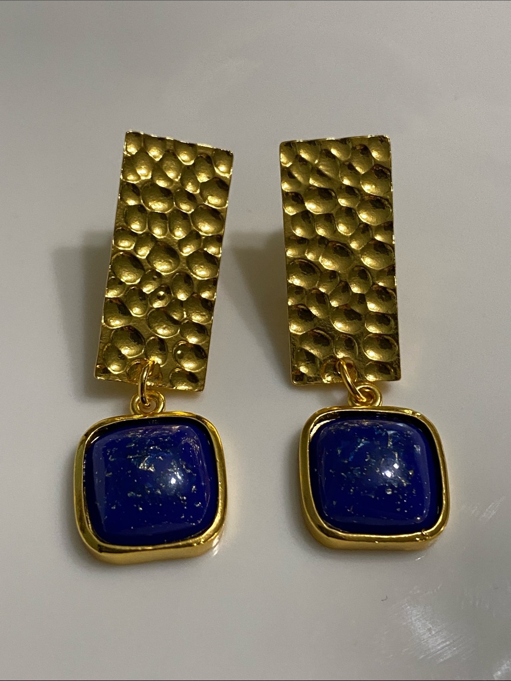 Gold Drop Earrings with Lapis-Blue Stone